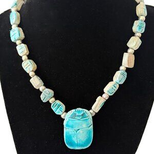 Vintage Egyptian Revival Turquoise Faience Scarab Statement Necklace Description